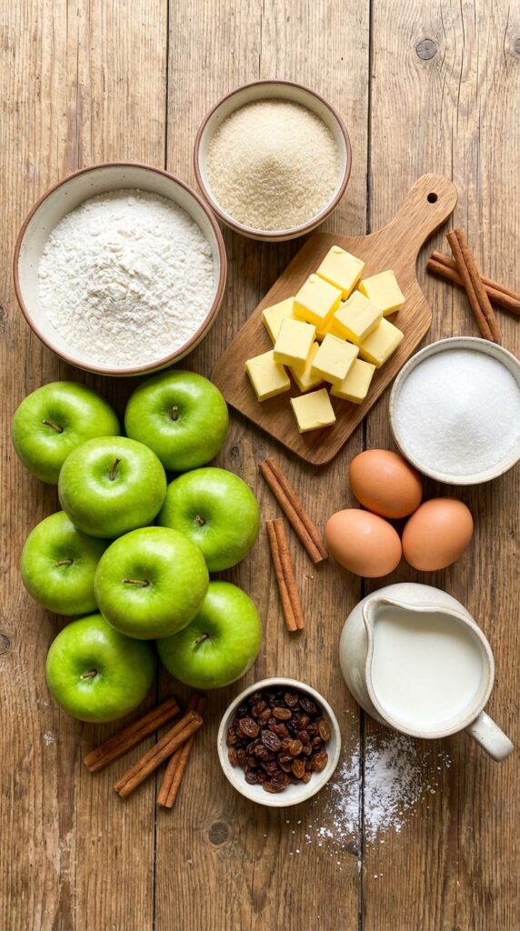 A flat lay showing green apples, flour, butter, sugar, and milk on a wooden table.