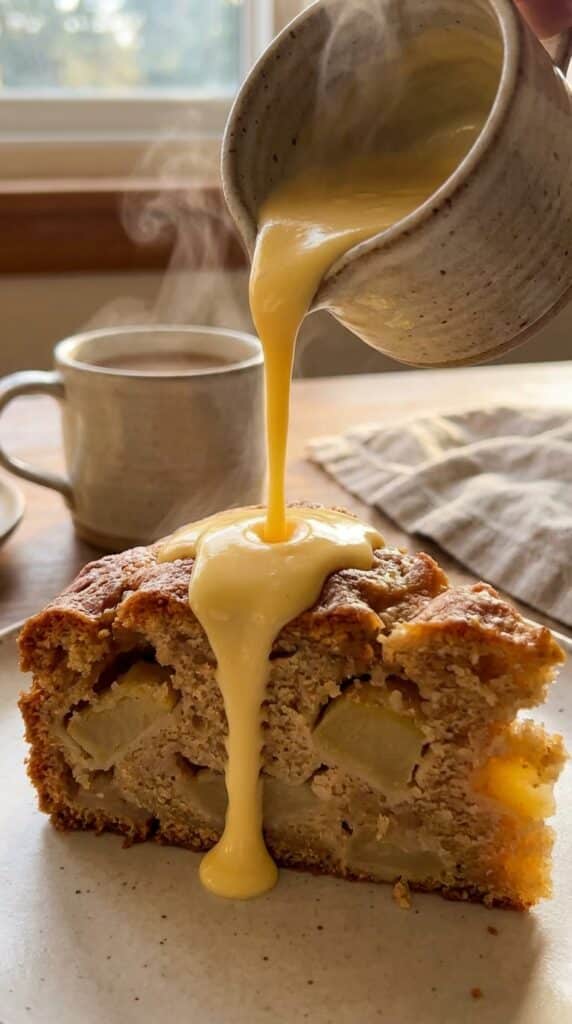 A close-up of vanilla custard being poured over a slice of apple cake, showing apple chunks inside.