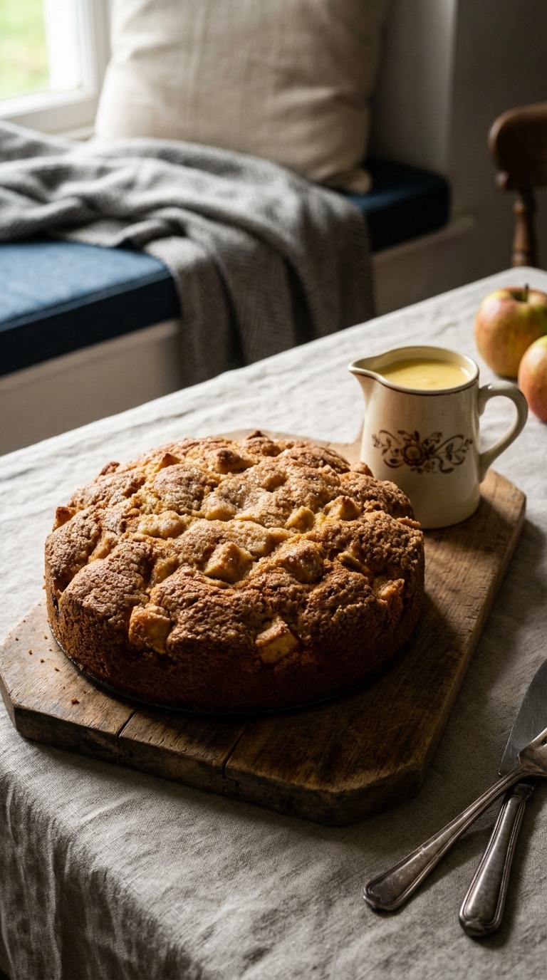 A whole rustic Irish Apple Cake with a golden sugar crust on a wooden board next to a jug of custard.