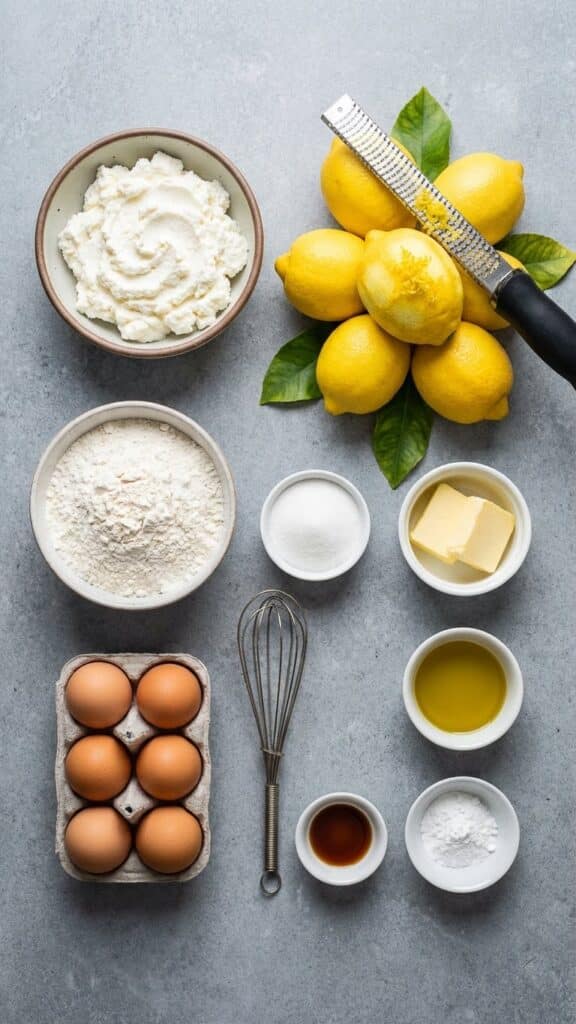 A close-up of a slice of moist lemon pound cake on a blue and white plate, served with espresso.