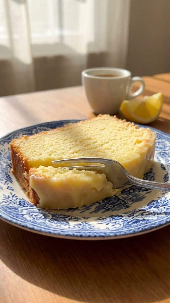 A flat lay of baking ingredients including a bowl of ricotta, fresh lemons with leaves, eggs, and flour on a stone surface.