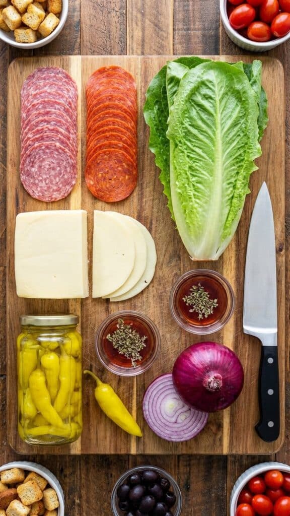 A flat lay showing deli meats, cheese, lettuce, peppers, and dressing ingredients on a wooden board.