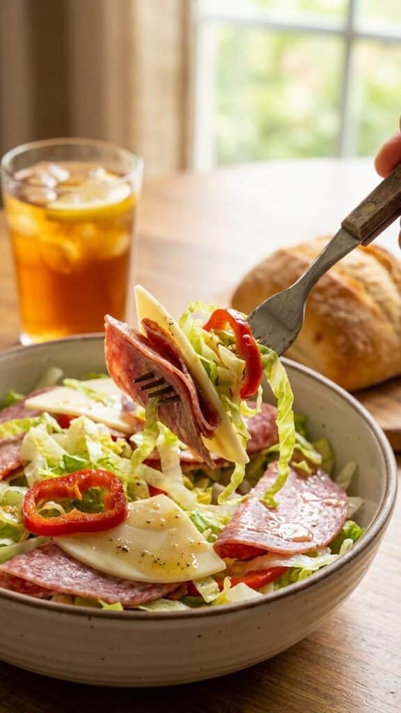 A close-up of a fork lifting a bite of chopped salad with salami, cheese, and lettuce.