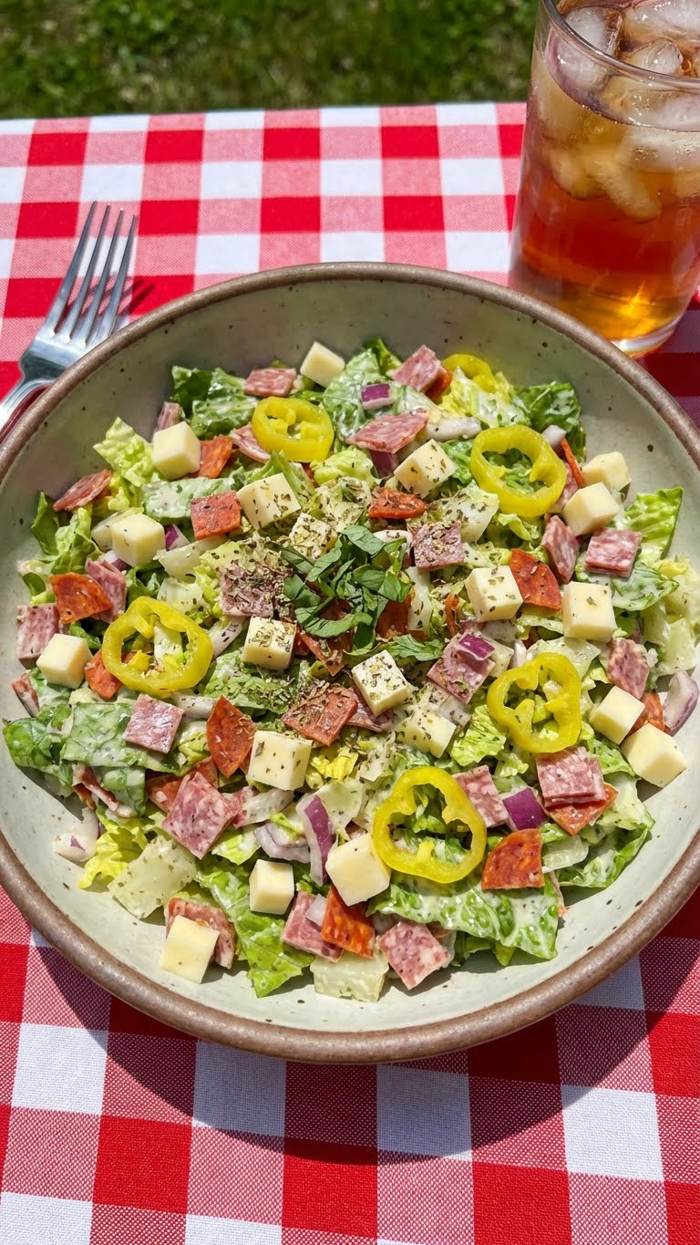 A large bowl of chopped salad containing salami, cheese, peppers, and lettuce tossed in Italian dressing.