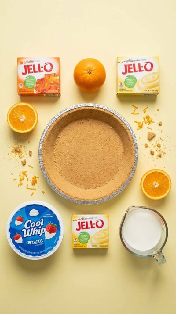A flat lay showing a box of orange jello, vanilla pudding mix, cool whip, milk, and a graham cracker crust.
