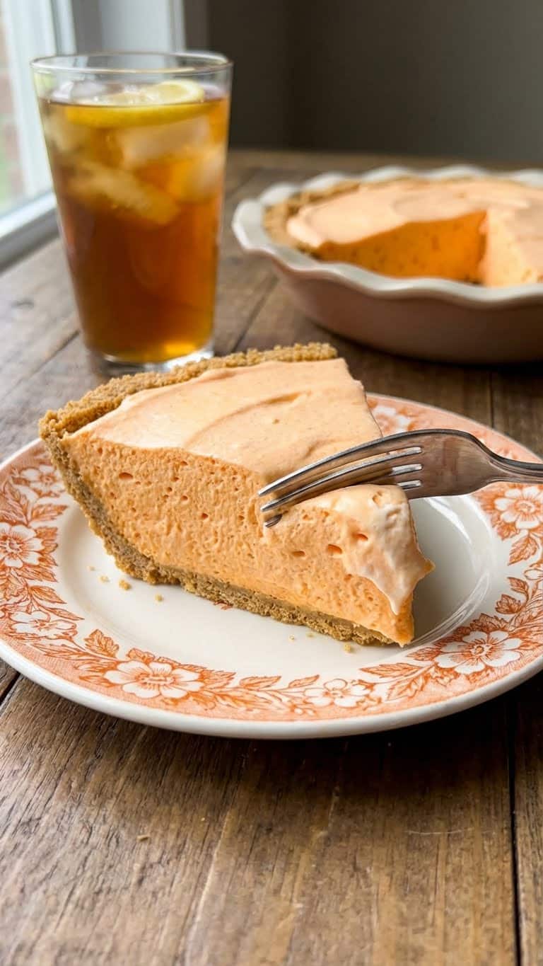 A whole no-bake orange creamsicle pie in a graham cracker crust, topped with whipped cream and orange slices on a sunny table.