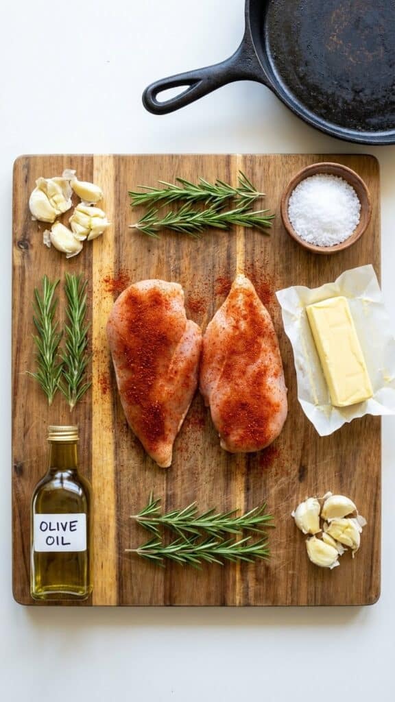 A flat lay showing seasoned raw chicken, butter, garlic, rosemary, and olive oil on a cutting board.