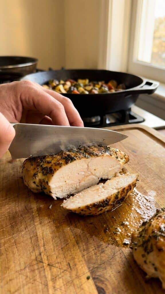 A close-up of a knife slicing a chicken breast, showing a juicy white interior and golden crust.