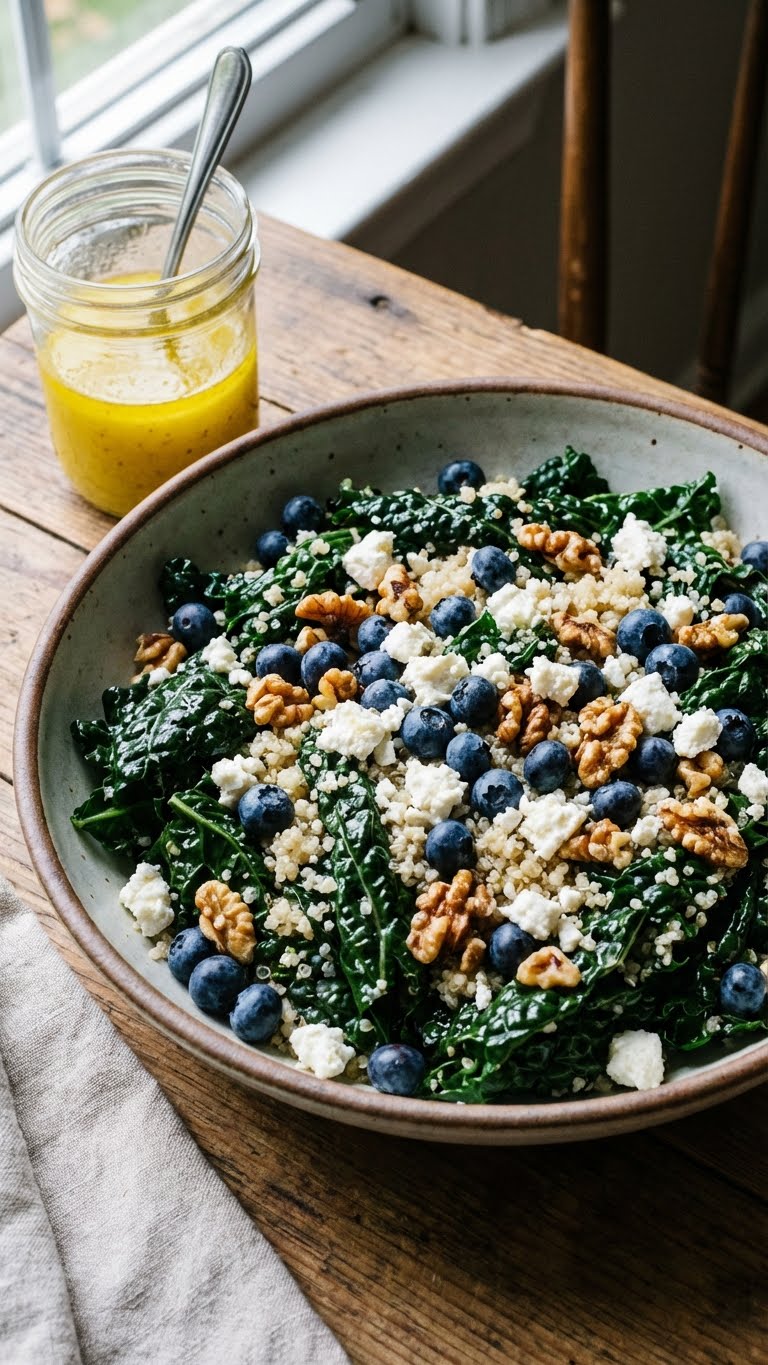 A large salad bowl filled with dark green kale, quinoa, blueberries, walnuts, and feta cheese.
