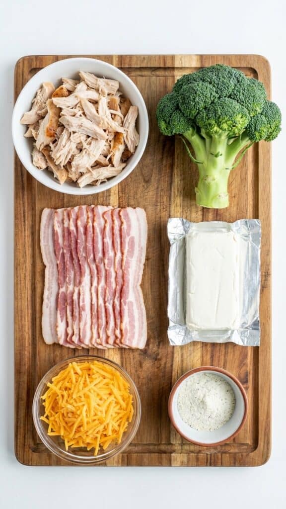 A flat lay showing shredded chicken, broccoli, bacon, cream cheese, cheddar, and ranch seasoning on a wooden board.