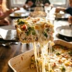A close-up of a spatula lifting a cheesy slice of chicken bacon ranch casserole with a cheese string pull.