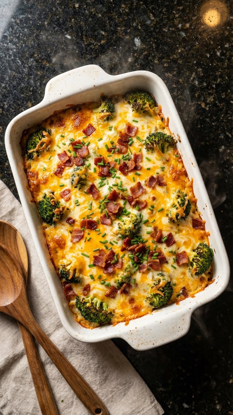 A rectangular baking dish filled with cheesy chicken and broccoli casserole topped with crispy bacon and herbs.