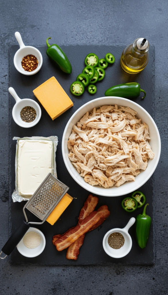 A flat lay showing shredded chicken, cream cheese, fresh jalapeños, cheddar cheese, and bacon on a slate board.