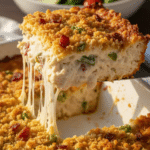 A close-up of a spatula lifting a cheesy slice of jalapeño popper casserole, showing a cheese stretch.