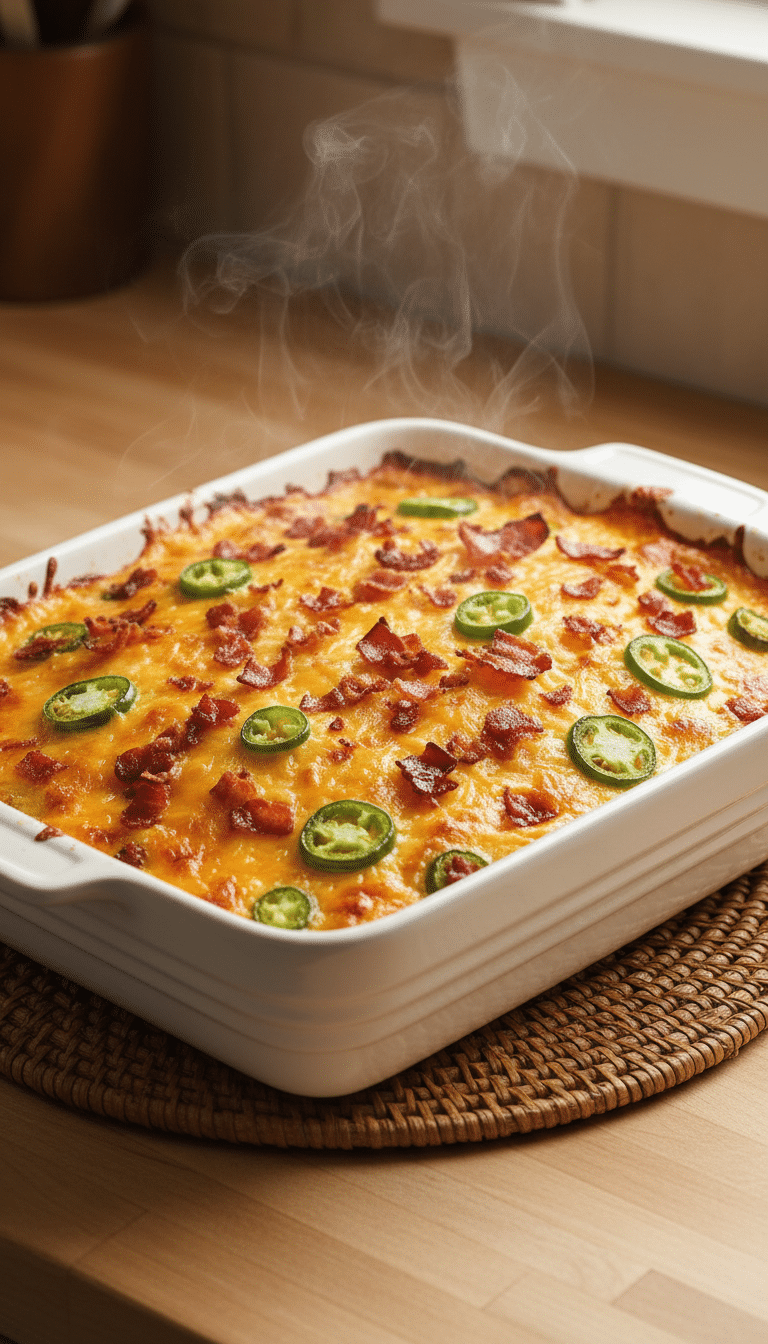 A rectangular casserole dish filled with cheesy chicken, topped with sliced jalapeños and bacon, fresh from the oven.