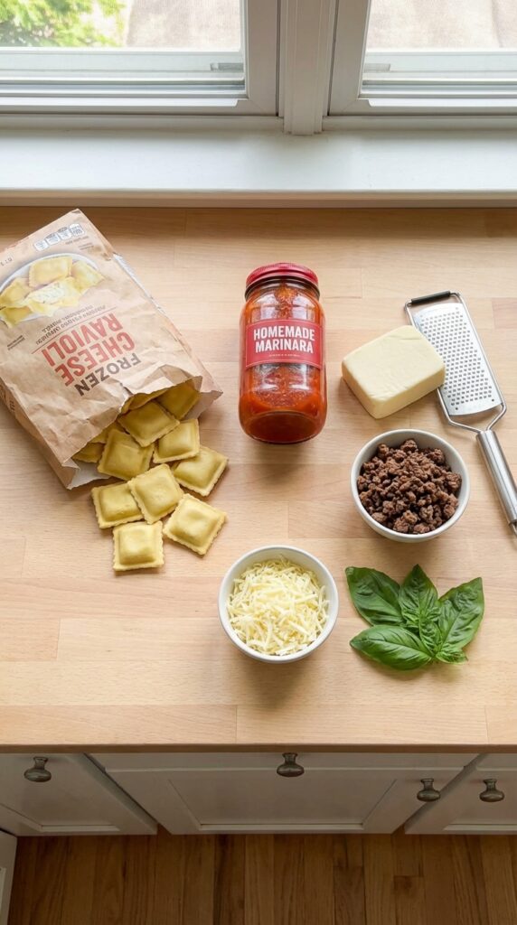 A flat lay showing a bag of frozen ravioli, a jar of marinara sauce, mozzarella cheese, and basil.