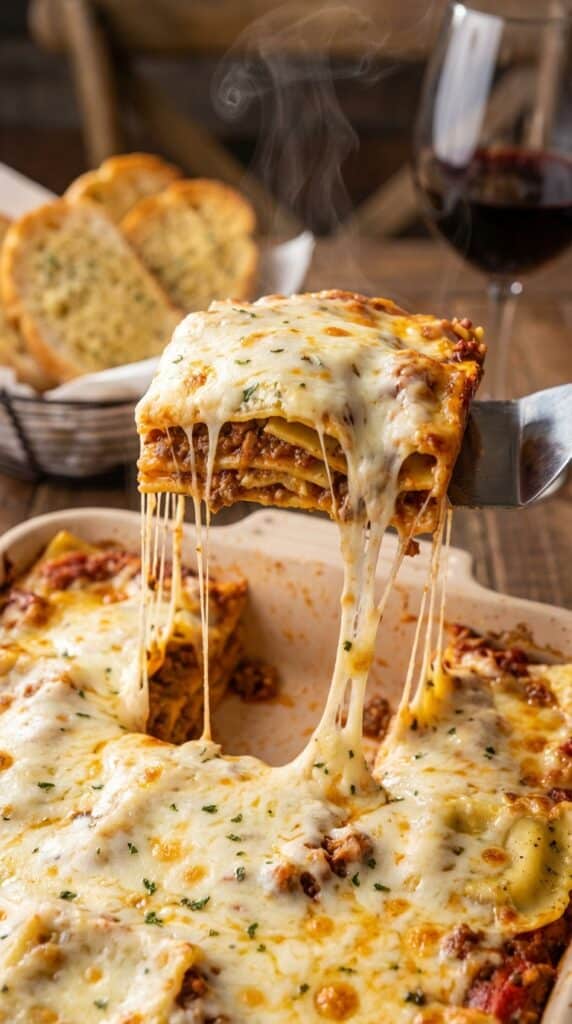 A spatula lifting a serving of ravioli lasagna with a long stretch of melted cheese