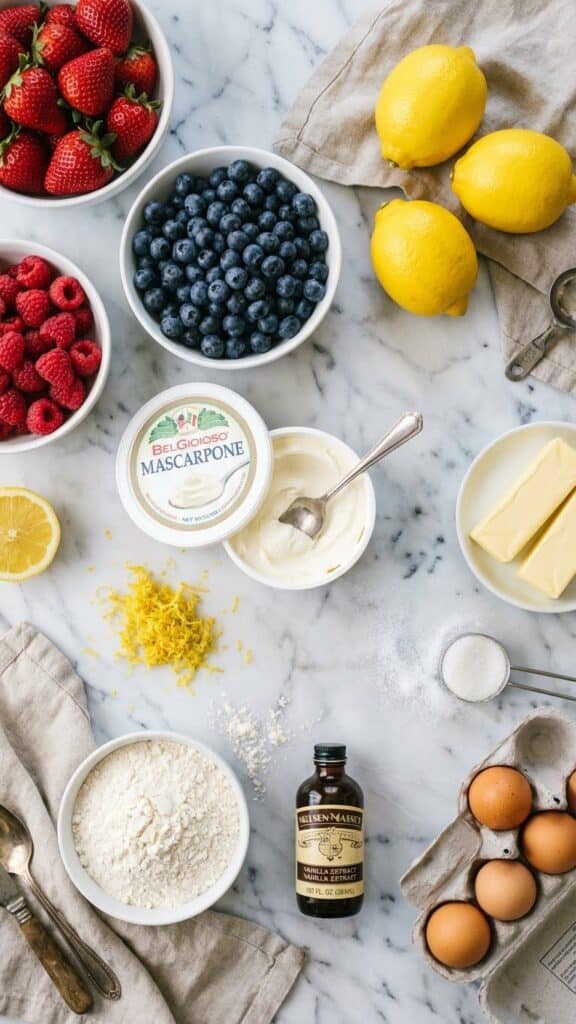 A flat lay showing fresh berries, lemons, mascarpone cheese, butter, eggs, and flour arranged on a marble surface.