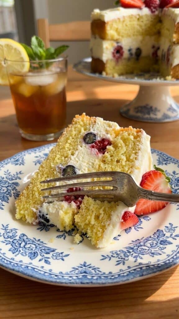 A close-up of a fork cutting into a slice of lemon cake with cream and berries.