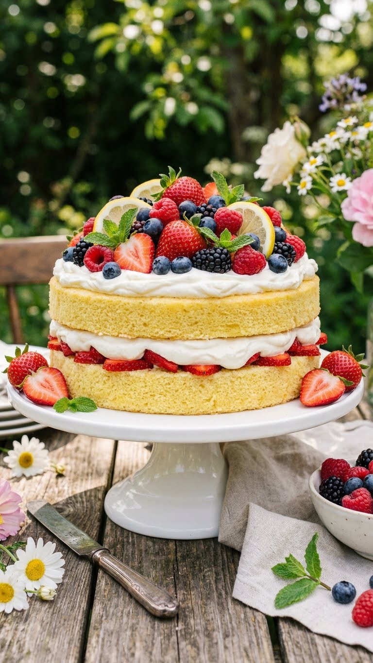 A rustic two-layer lemon cake filled with white mascarpone cream and fresh berries, topped with a mound of mixed fruit on a cake stand in a garden.