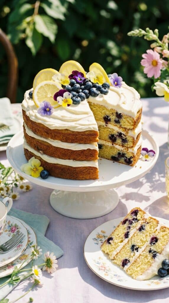 A whole layered lemon cake with cream cheese frosting, topped with lemons and blueberries, with a slice cut out showing berries inside.