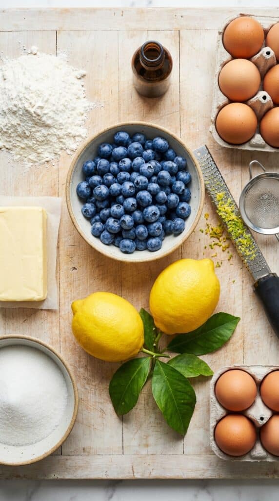 A flat lay showing fresh blueberries, whole lemons, flour, butter, sugar, and eggs on a wooden board.