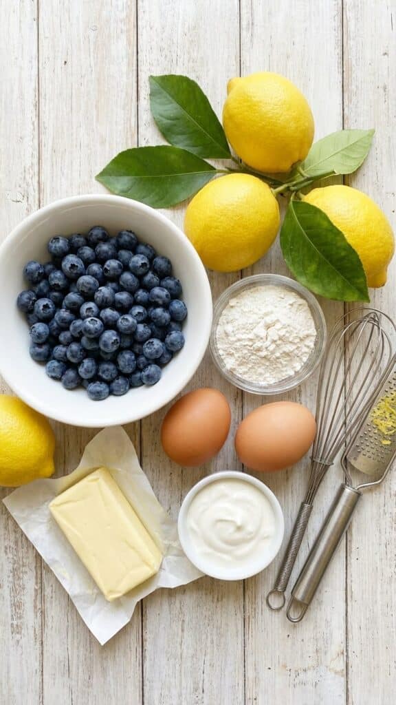 A flat lay of baking ingredients including blueberries, lemons, flour, eggs, butter, and sour cream on a wooden table.