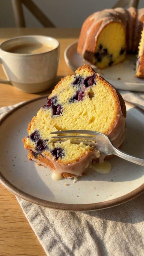 A close-up of a slice of lemon blueberry cake on a plate, showing the moist crumb and baked berries inside.