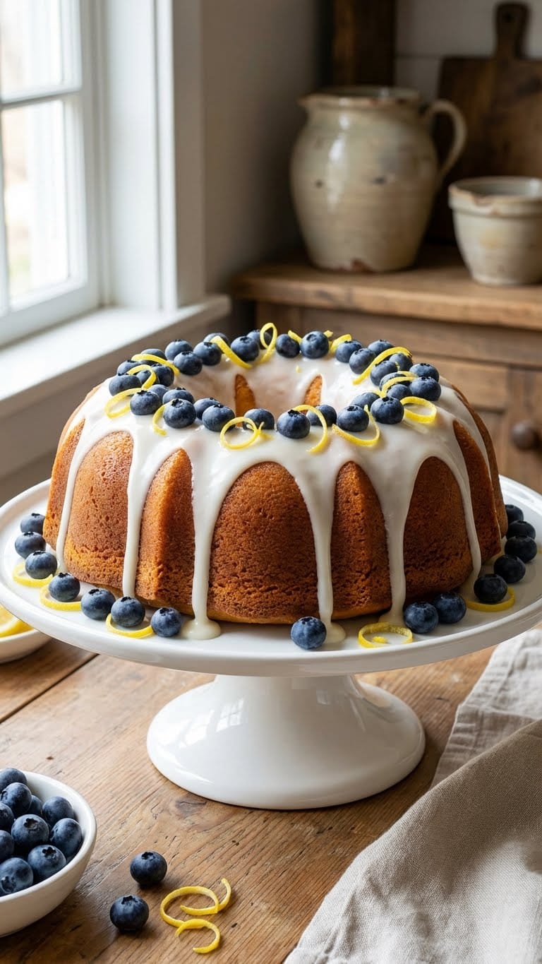 A golden bundt cake drizzled with white lemon glaze and topped with fresh blueberries and lemon zest on a cake stand.