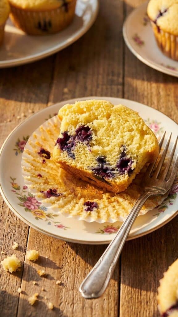 An overhead flat lay view of baking ingredients including fresh blueberries, lemons, flour, sugar, butter, and a muffin tin.