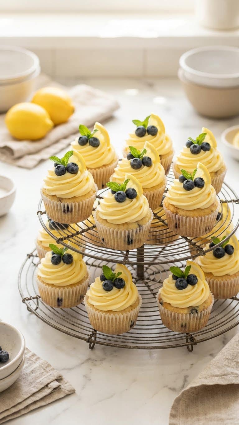 A wire cooling rack filled with lemon blueberry cupcakes topped with yellow frosting, fresh berries, and lemon wedges.