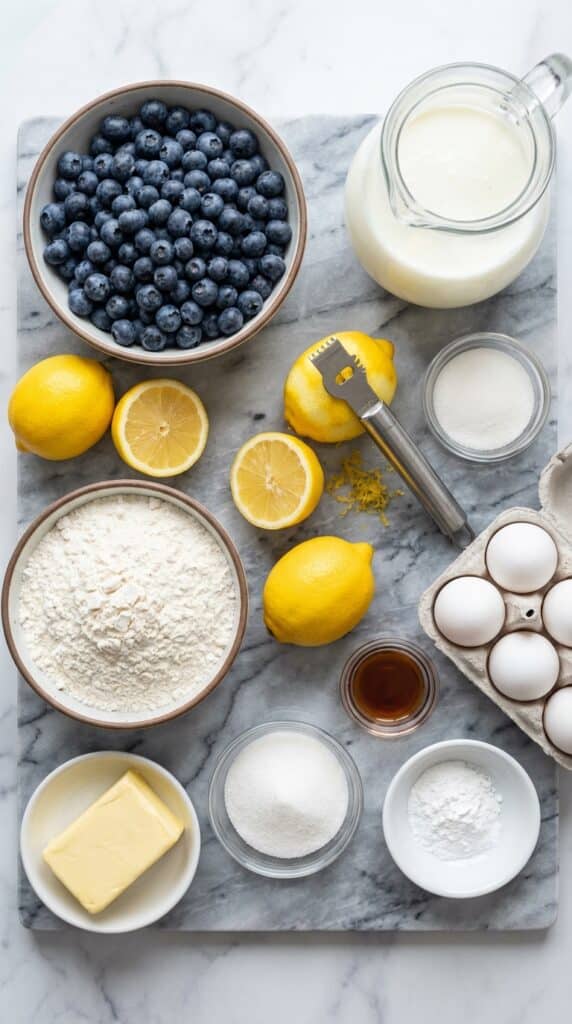 A flat lay showing fresh blueberries, lemons, flour, butter, and eggs on a marble surface.