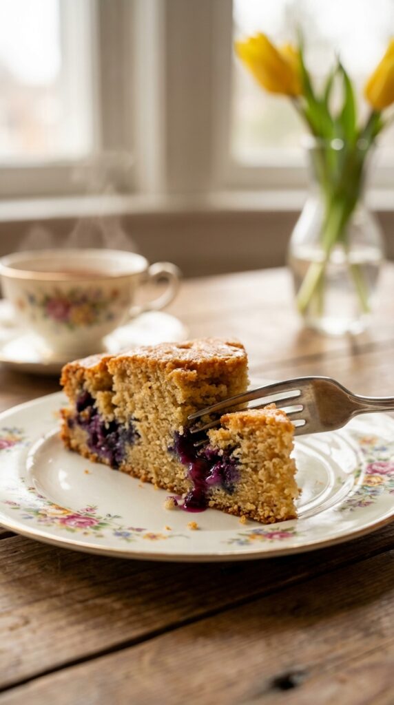 A close-up of a fork cutting into a slice of lemon blueberry cake on a floral plate.