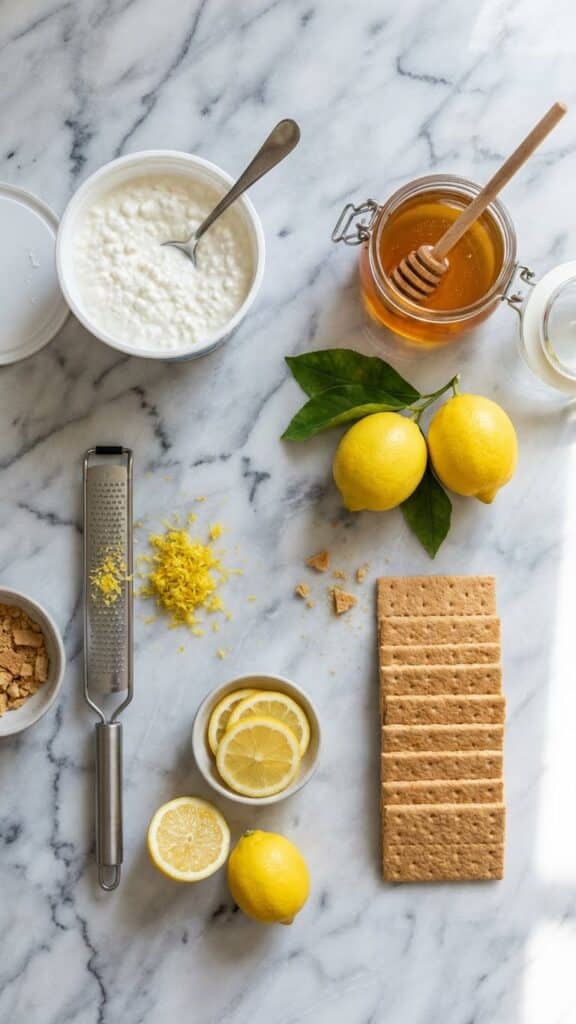 A flat lay showing cottage cheese, lemons, honey, a zester, and graham crackers on a marble table.