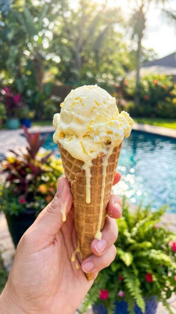 A hand holding a waffle cone with a scoop of melting lemon cottage cheese ice cream outdoors.