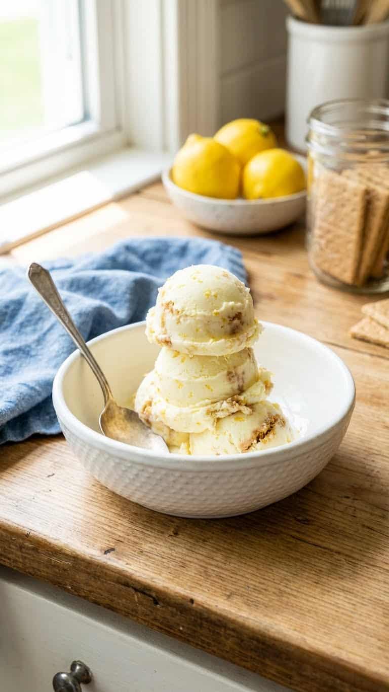 A bowl filled with scoops of pale yellow lemon ice cream with graham cracker crumbs and lemon zest.