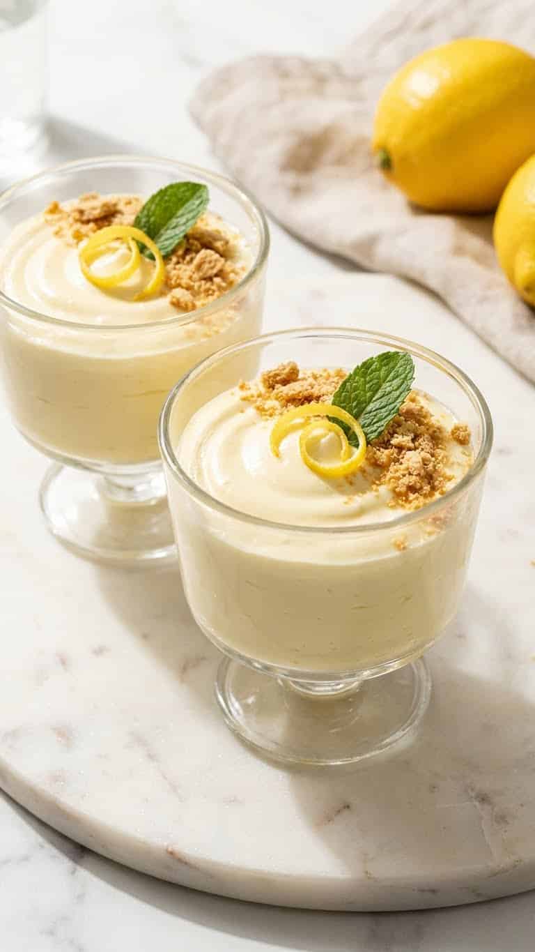 Two glass cups filled with smooth yellow lemon mousse, topped with graham cracker crumbs and lemon zest.