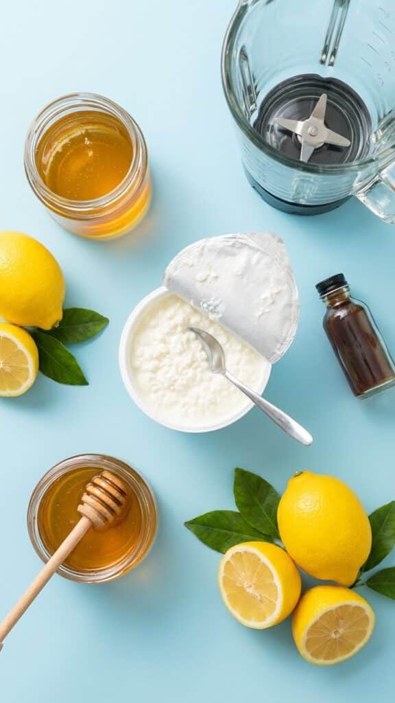 A flat lay showing a tub of cottage cheese, fresh lemons, honey, and vanilla extract.
