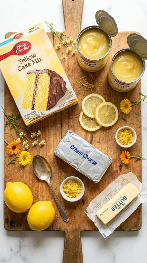 A close-up of a serving of lemon dump cake on a plate, showing layers of lemon filling, melted cream cheese, and cake crust.