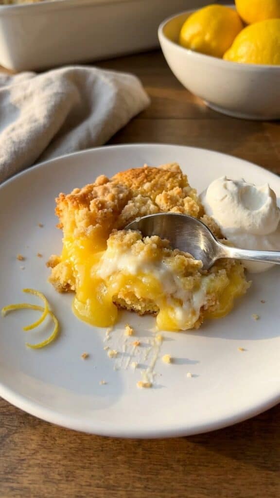 An overhead flat lay of ingredients including a box of yellow cake mix, cans of lemon pie filling, cream cheese, and butter.