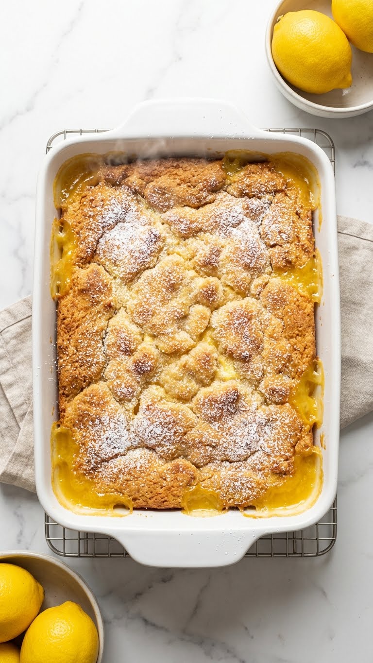 A 9x13 baking dish filled with baked lemon dump cake featuring a golden crust and bubbling lemon filling, dusted with powdered sugar.