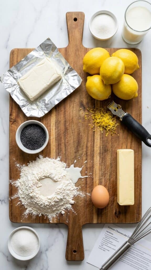 A flat lay showing cream cheese, fresh lemons, poppy seeds, and baking staples on a wooden board.