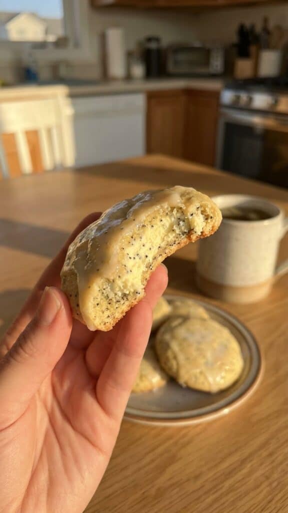 A close-up of a hand holding a bitten lemon cookie, showing the soft, dense interior texture.