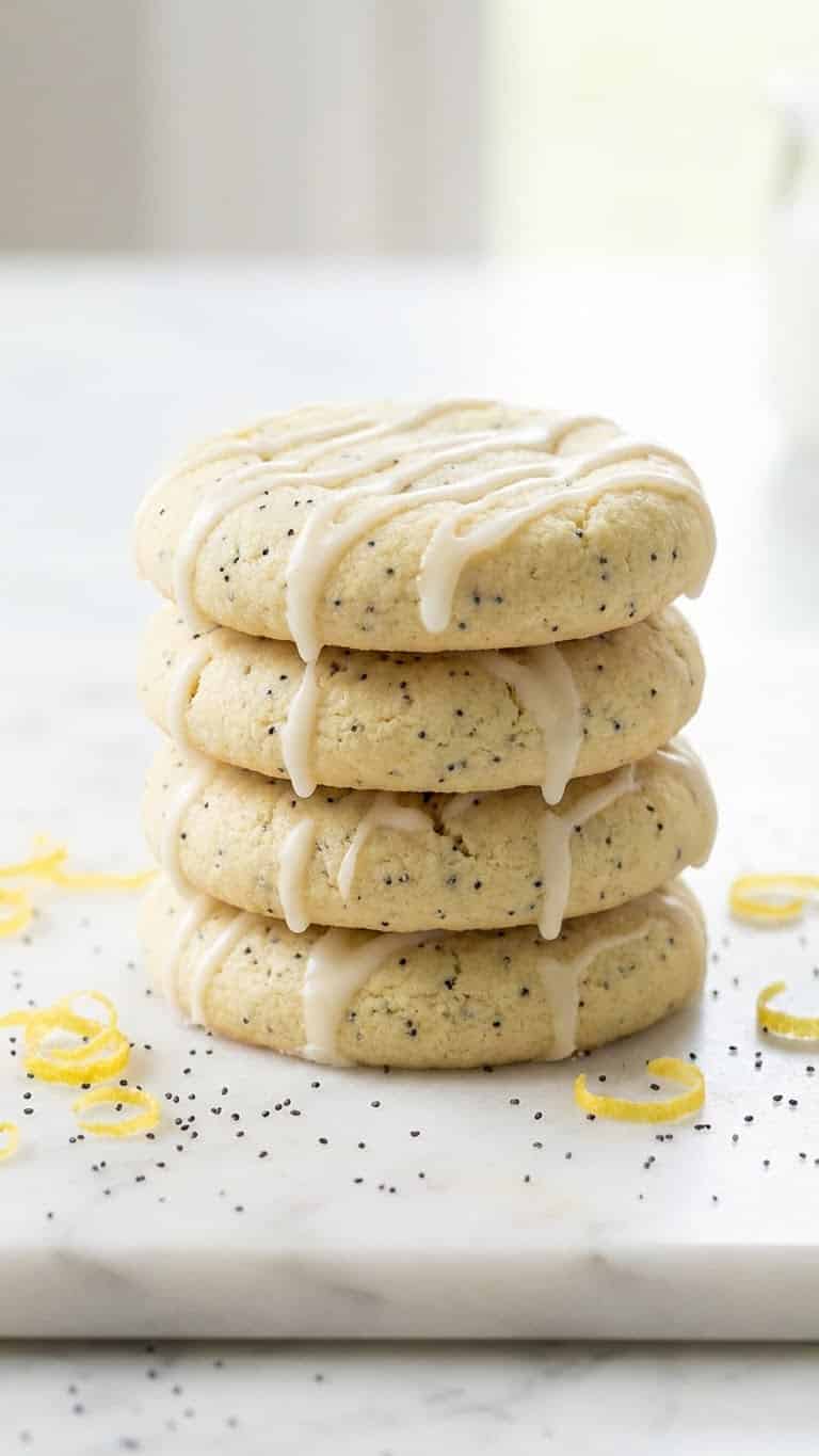 A stack of soft lemon poppy seed cookies drizzled with glaze on a marble counter.