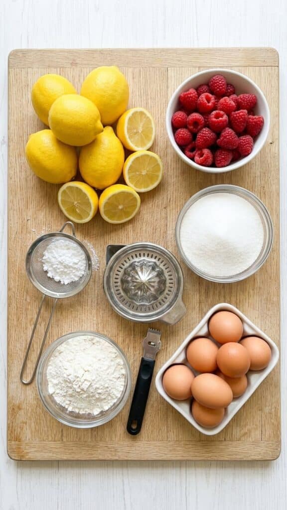 A flat lay showing fresh lemons, raspberries, flour, sugar, and eggs on a wooden board.