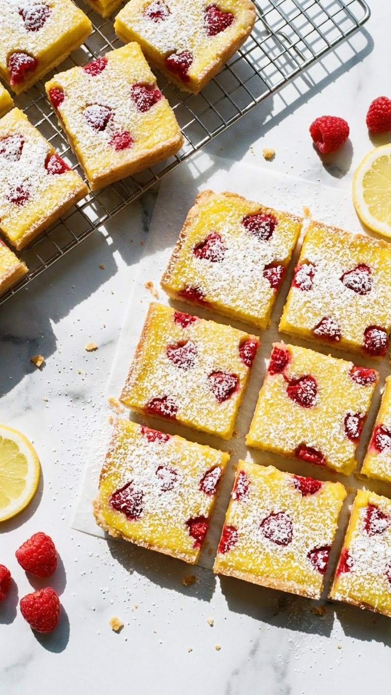 Overhead view of lemon raspberry bars dusted with powdered sugar, arranged on a marble surface with fresh fruit.