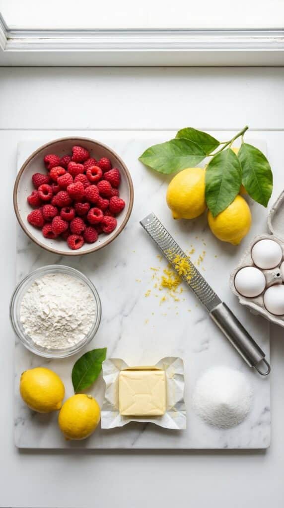 A flat lay showing fresh raspberries, lemons, flour, sugar, butter, and eggs on a marble surface.