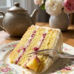 A close-up of a slice of lemon raspberry cake on a plate with a fork taking a bite.
