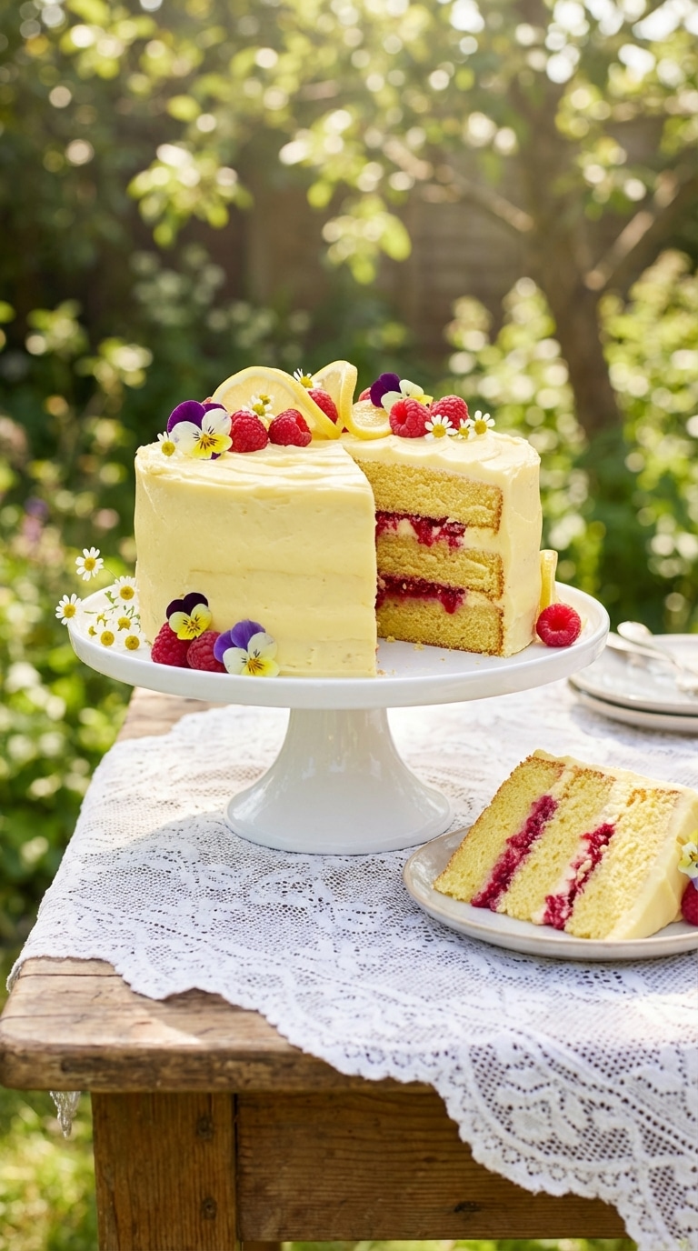 A three-layer lemon cake with raspberry filling on a cake stand, decorated with fresh fruit, with a slice removed showing the layers.