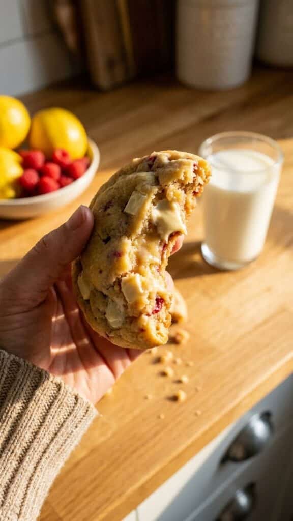 A flat lay showing lemon zest, fresh raspberries, white chocolate chips, flour, and butter on a wooden board.